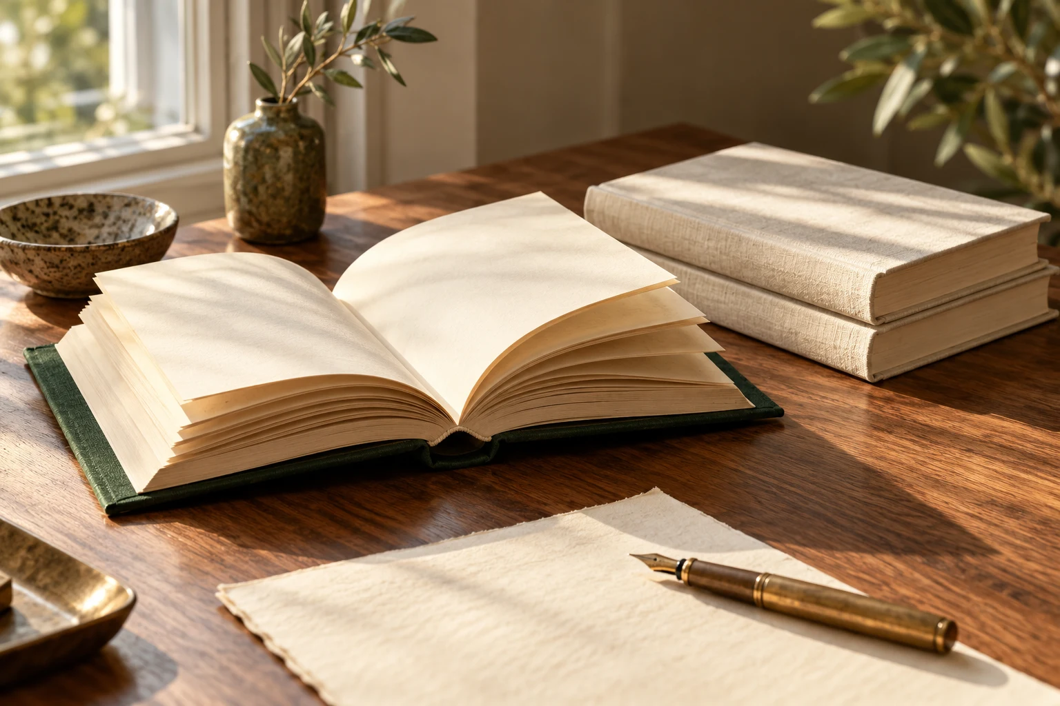 Clothbound books and an open manuscript in warm natural light